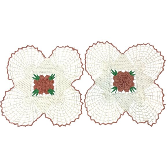 Set Of Two Vintage Rose Doilies Crochet Edged 18" Square Elegant Table Decor - Picture 1 of 7